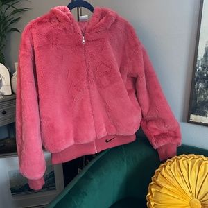 Nike Sportswear Hooded Full Zip Pink Faux Fur Jacket